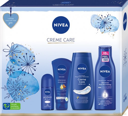 Nivea Zestaw prezentowy Creme Care (żel pod prysznic 250 ml+deo roll-on 50 ml+ mleczko do ciała 250 ml+krem do rąk 100 ml)
