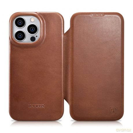 iCarer CE Oil Wax Premium Leather Folio Case skórzane etui iPhone 14 Pro Max z klapką magnetyczne MagSafe brązowy (AKI14220708-BN)