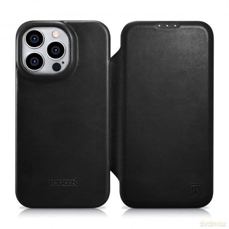 iCarer CE Oil Wax Premium Leather Folio Case skórzane etui iPhone 14 Pro Max z klapką magnetyczne MagSafe czarny (AKI14220708-BK)