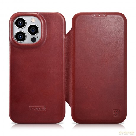 iCarer CE Oil Wax Premium Leather Folio Case skórzane etui iPhone 14 Pro Max z klapką magnetyczne MagSafe czerwony (AKI14220708-RD)