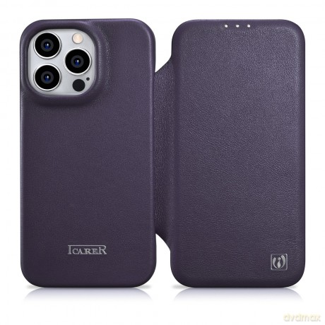 iCarer CE Premium Leather Folio Case skórzane etui iPhone 14 Pro Max z klapką magnetyczne MagSafe ciemnofioletowy (WMI14220716-DP)