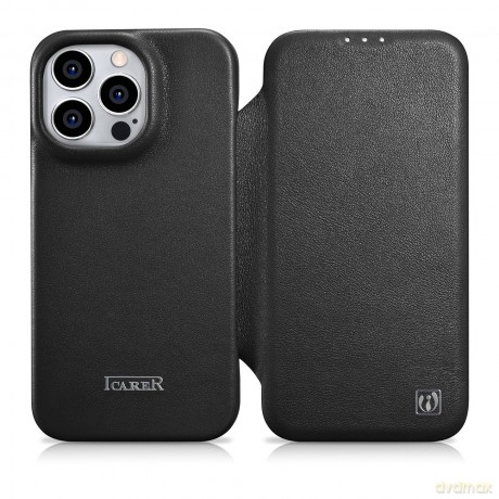 iCarer CE Premium Leather Folio Case skórzane etui iPhone 14 Pro Max z klapką magnetyczne MagSafe czarny (WMI14220716-BK)