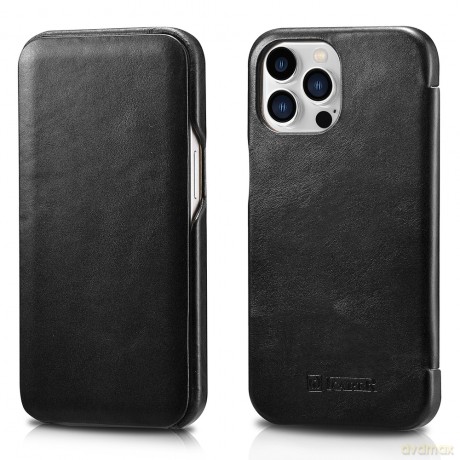 iCarer Curved Edge Vintage Folio skórzane etui pokrowiec ze skóry naturalnej iPhone 13 Pro Max czarny (RIX1304-BK)