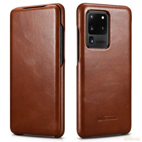 iCarer Curved Edge Vintage Folio skórzane etui pokrowiec ze skóry naturalnej Samsung Galaxy S20 Ultra brązowy (RS992008-BN)