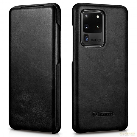 iCarer Curved Edge Vintage Folio skórzane etui pokrowiec ze skóry naturalnej Samsung Galaxy S20 Ultra czarny (RS992008-BK)