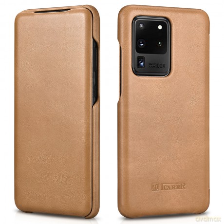 iCarer Curved Edge Vintage Folio skórzane etui pokrowiec ze skóry naturalnej Samsung Galaxy S20 Ultra khaki (RS992008-GG)