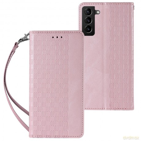 Magnet Strap Case etui do Samsung Galaxy S22 Ultra pokrowiec portfel + mini smycz zawieszka różowy