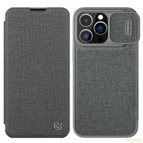 Nillkin Qin Cloth Pro Case etui do iPhone 13 Pro Max osłona na aparat kabura pokrowiec obudowa z klapką szary