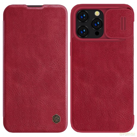 Nillkin Qin Leather Pro Case etui iPhone 14 Pro osłona na aparat kabura pokrowiec obudowa z klapką czerwony