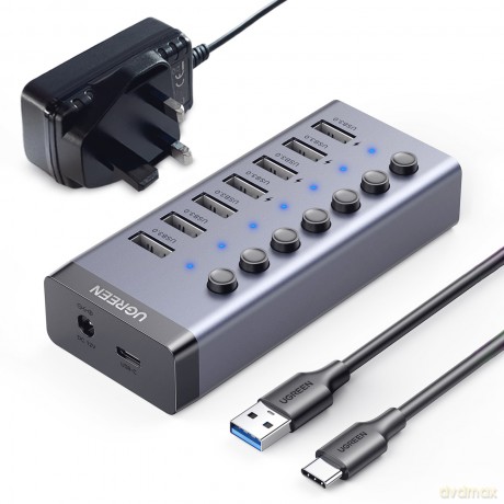 Ugreen wielofunkcyjny HUB 7w1 USB Typ C - 7x USB Typ A 3.0 PD DC 12V wtyczka UK szary (CM481)