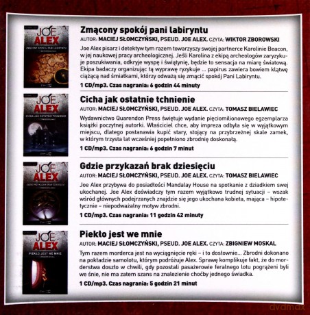 Joe Alex: Zmącony spokój pani labiryntu / Cicha jak ostatnie tchnienie / Gdzie przykazaź brak dziesięciu / Piekło jest we mnie [4xAUDIOBOOK] [CD-MP3]