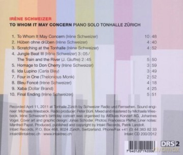 Irene Schweizer: To Whom It May Concern: Piano Solo Tonhalle Zurich [CD]
