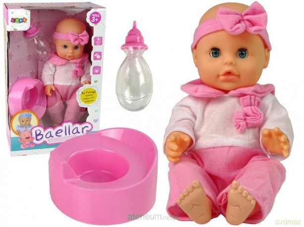 Lalka w różowej piżamie pije, butelka, nocnik 30 cm