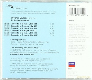 Coin, Hogwood,The Akad.Of Ancient Music: Vivaldi-6 Cello Conc. [CD]