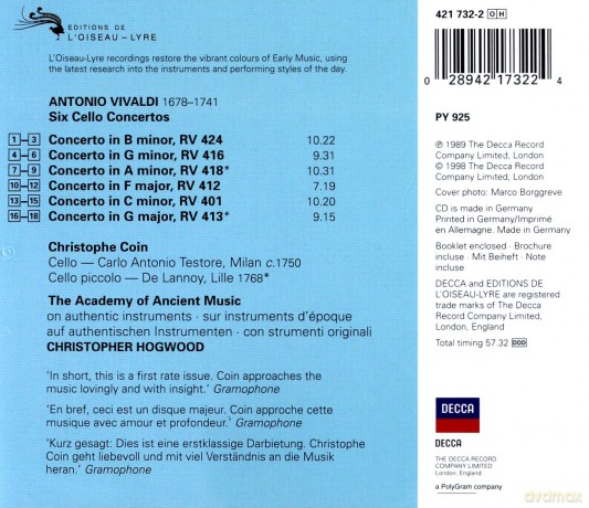 Coin, Hogwood,The Akad.Of Ancient Music: Vivaldi-6 Cello Conc. [CD]