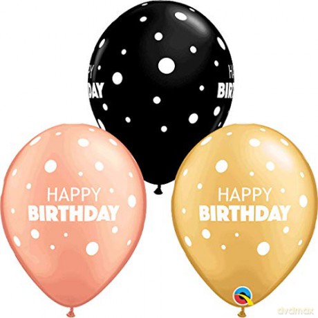 Balony z nadr. Happy birthday w grochy miks kolorów 25szt. QL 11
