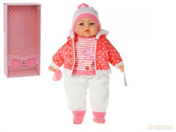 Lalka bobas 45 cm w czerwonej kurteczce w kropki z dźwiękiem mówi i śpiewa po polsku 565289-571822 w pudełku