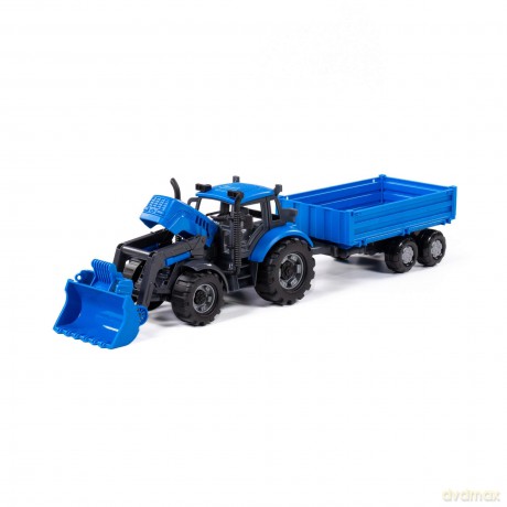 Polesie 91819 Traktor+ładowarka Progres niebieski z przyczepą burtową