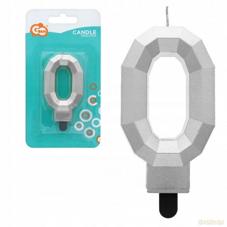 Świeczka cyferka 0 Diament metalik srebrny 7,6 cm