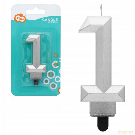 Świeczka cyferka 1 Diament metalik srebrny 7,6 cm