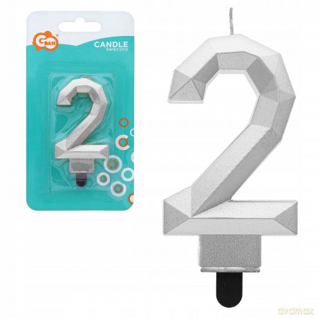 Świeczka cyferka 2 Diament metalik srebrny 7,6 cm