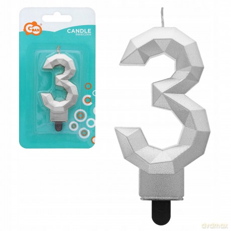 Świeczka cyferka 3 Diament metalik srebrny 7,6 cm
