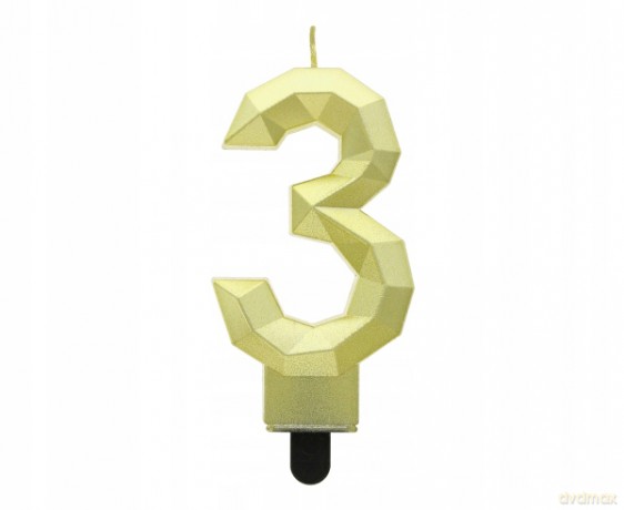 Świeczka cyferka 3 Diament metalik złoty 7,6 cm