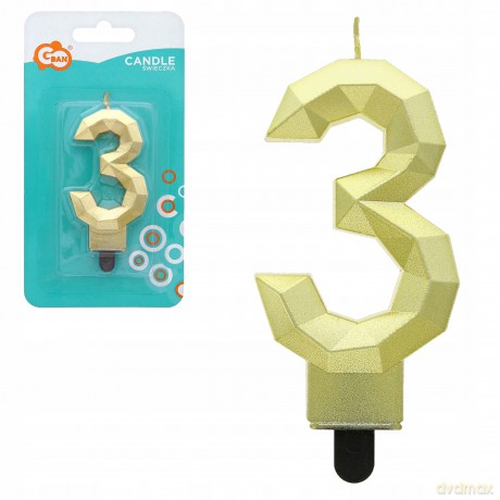 Świeczka cyferka 3 Diament metalik złoty 7,6 cm