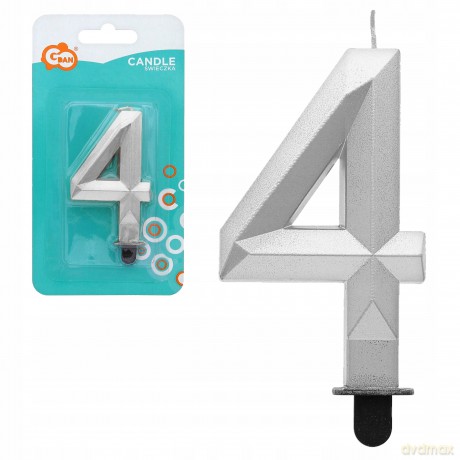 Świeczka cyferka 4 Diament metalik srebrny 7,6 cm