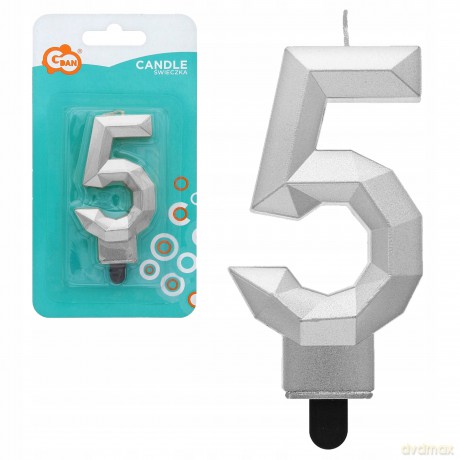 Świeczka cyferka 5 Diament metalik srebrny 7,6 cm
