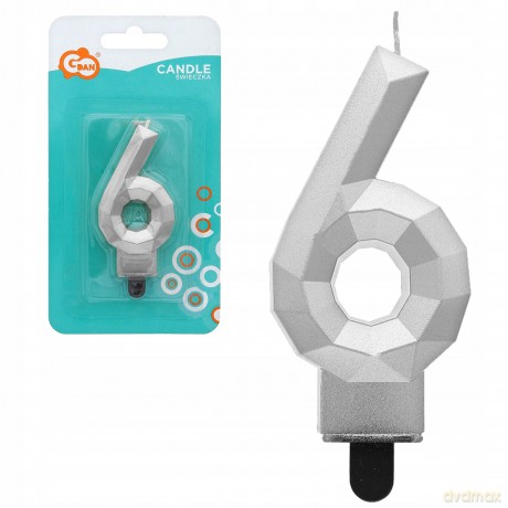 Świeczka cyferka 6 Diament metalik srebrny 7,6 cm