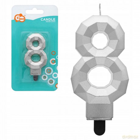 Świeczka cyferka 8 Diament metalik srebrny 7,6 cm