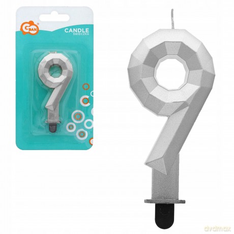Świeczka cyferka 9 Diament metalik srebrny 7,6 cm
