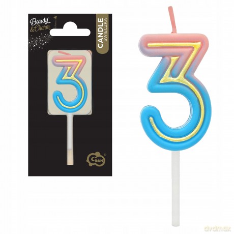Świeczka cyferka B&C Neon 3, 44x27x12mm, 1 szt. 7C-SCN3