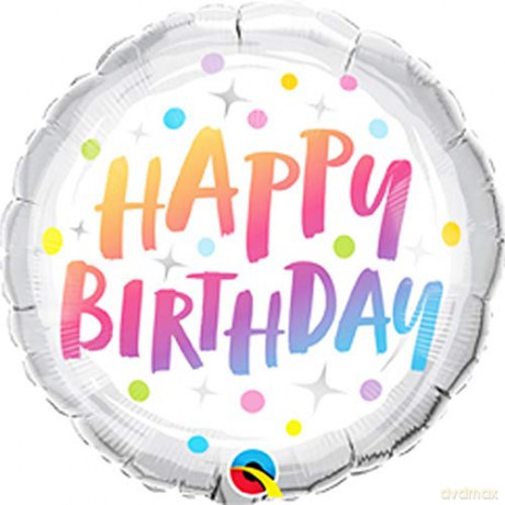 Balon Foliowy 18'' QL RND Happy Birthday Tęczowe Grochy