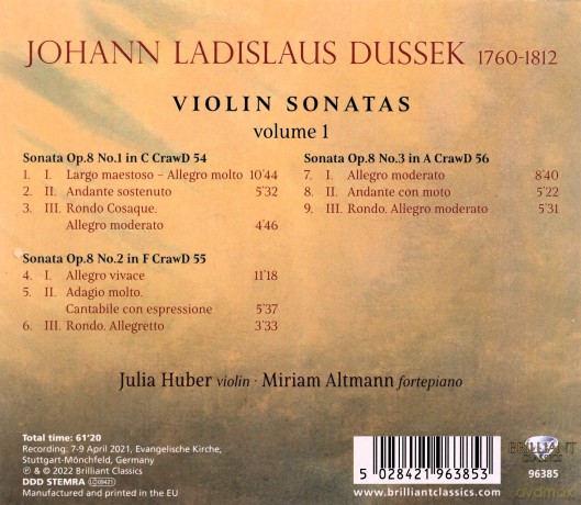 Julia Huber: Dussek:Violin Sonatas Vol.1 [CD]