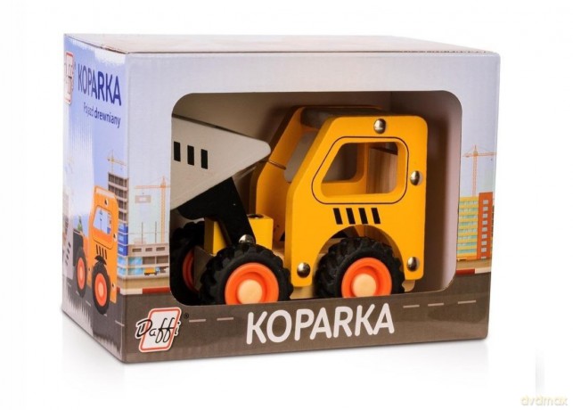 Drewniane auto z oponami - koparka