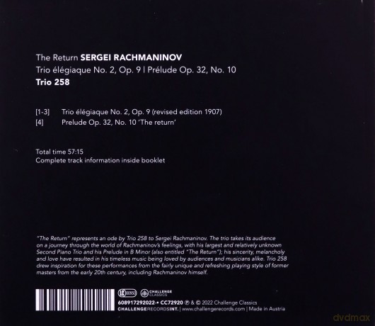 Trio 258: The Return - Sergei Rachmaninov: Trio élégiaque No. 2, Op. 9, Prelude in B Minor Op. 32, No. 10 [CD]