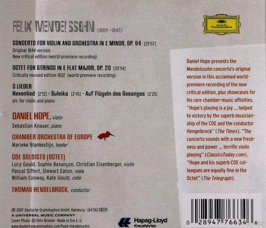 Daniel Hope: Mendelssohn:Viol.Conc,Octet For Strings [CD]