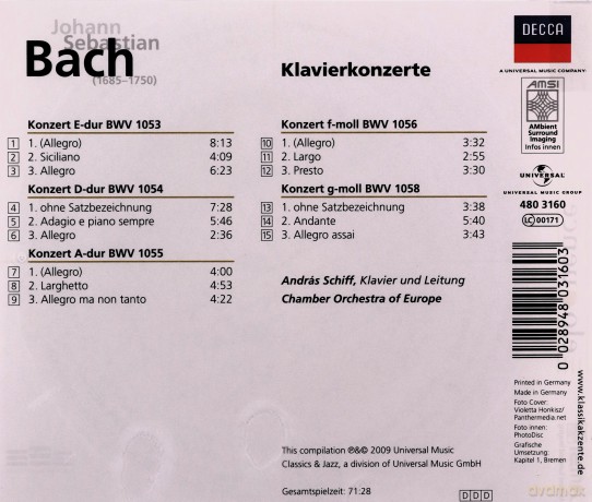 Johann Sebastian Bach (1685-1750): Klavierkonzerte BWV 1053-1056,1058 [CD]
