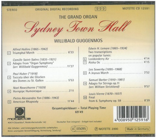 Alfred Hollins (1865-1942): The Hill Grand Concert Organ of Sidney Town Hall [CD]