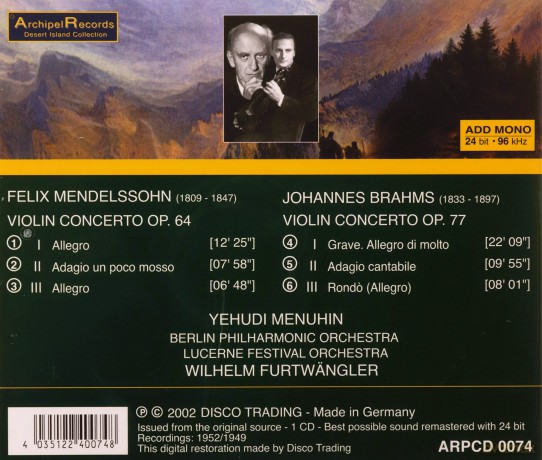 Felix Mendelssohn Bartholdy (1809-1847): Yehudi Menuhin spielt Violinkonzerte [CD]