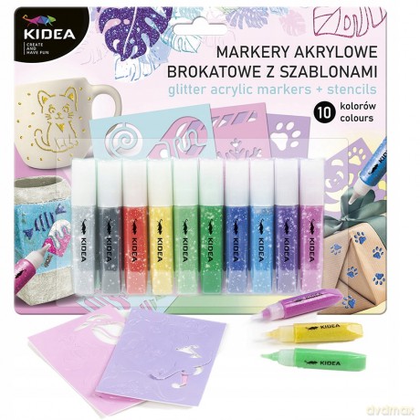 Markery akrylowe brokatowe 10 kol z szablonami kidea