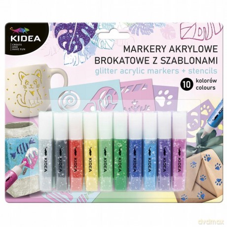Markery akrylowe brokatowe 10 kol z szablonami kidea
