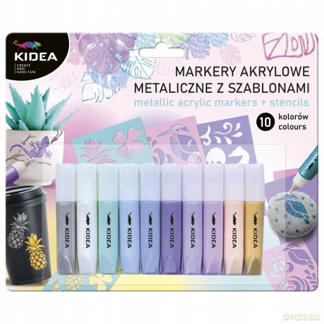 Markery akrylowe metaliczne 10 kol z szablonami kidea