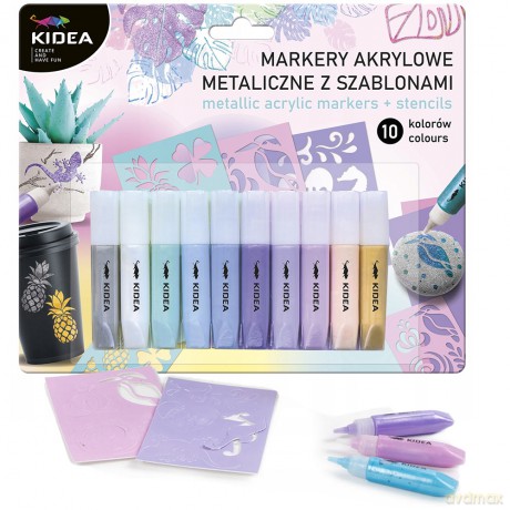 Markery akrylowe metaliczne 10 kol z szablonami kidea