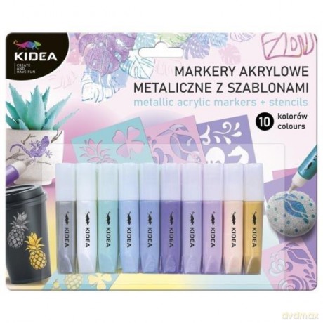 Markery akrylowe metaliczne 10 kol z szablonami kidea