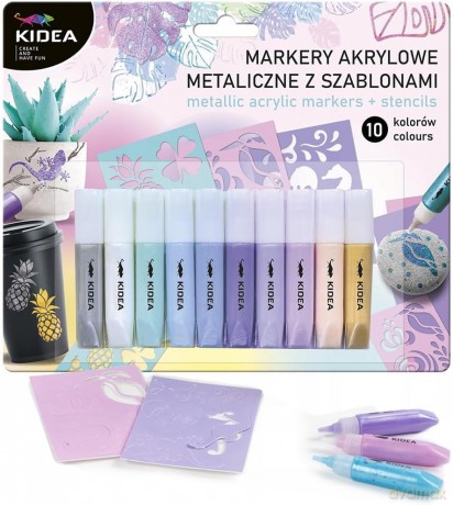 Markery akrylowe metaliczne 10 kol z szablonami kidea