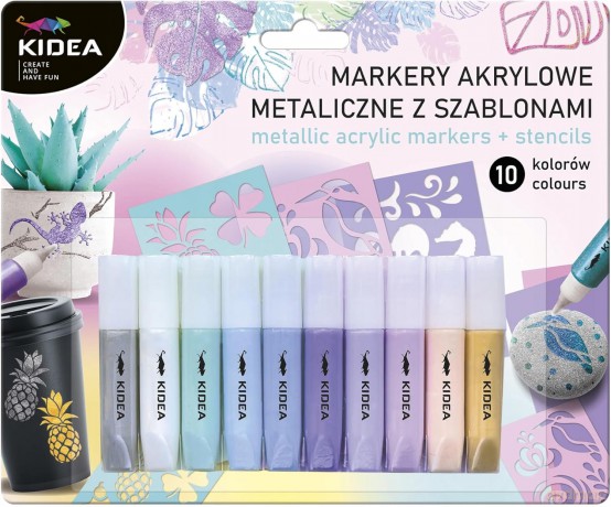 Markery akrylowe metaliczne 10 kol z szablonami kidea