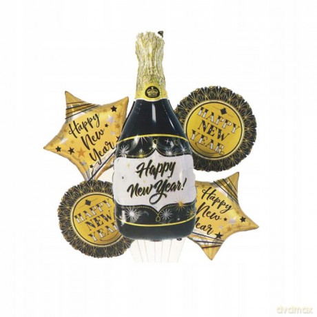 Zestaw balonów foliowych (szampan+2 okrągłe+2 gwaizdki) Happy New Year 61842